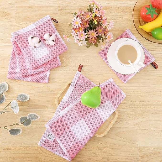Homaxy 100% Cotton Waffle Weave Check Plaid Dish Cloths, 12 x 12 Inches - Image 6