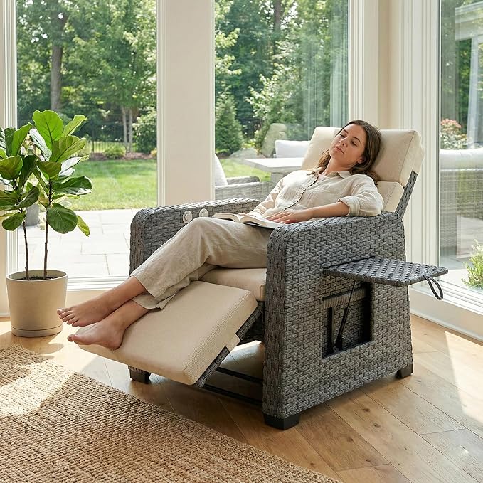 Restland Outdoor Recliner with Independent Adjustable Back & Footrest Wicker Patio Reclining Chair with Flip Table Comfortable Lounge Chair & Thick Cushion for Deck, Porch (Beige) - Image 3