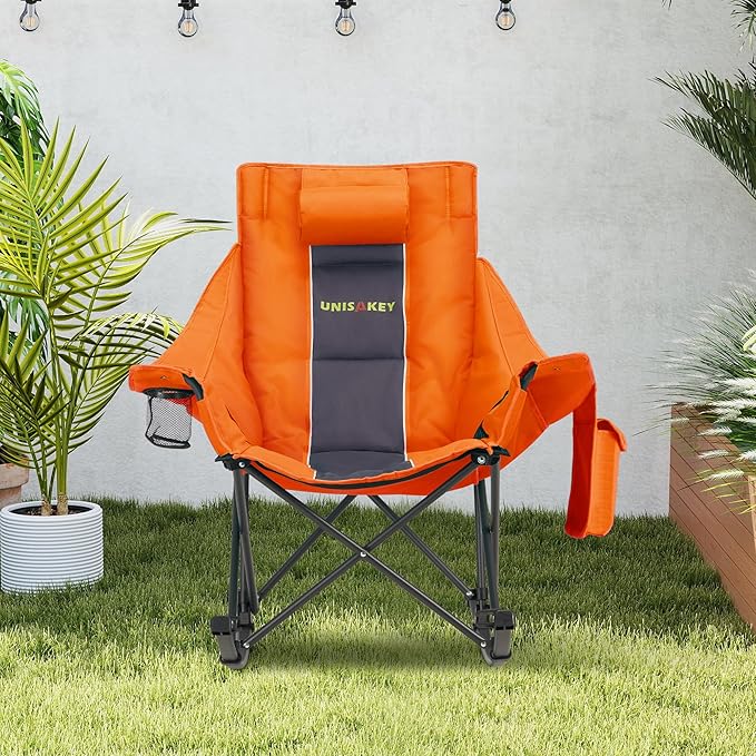 Oversized Rocking Camping Chair with Headrest & Cup Holder - 400lbs Capacity, 600D Oxford Fabric, Easy Fold Portable Outdoor Rocker Chair for Camping, Backyard, Beach, Orange - Image 6