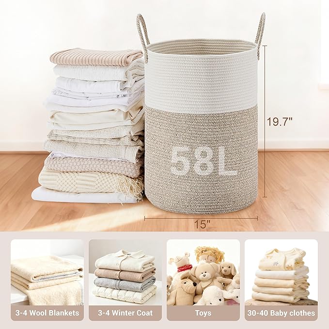Tall Laundry Basket with Handles, 58L Portable Dirty Clothes Hamper, Boho - Image 2