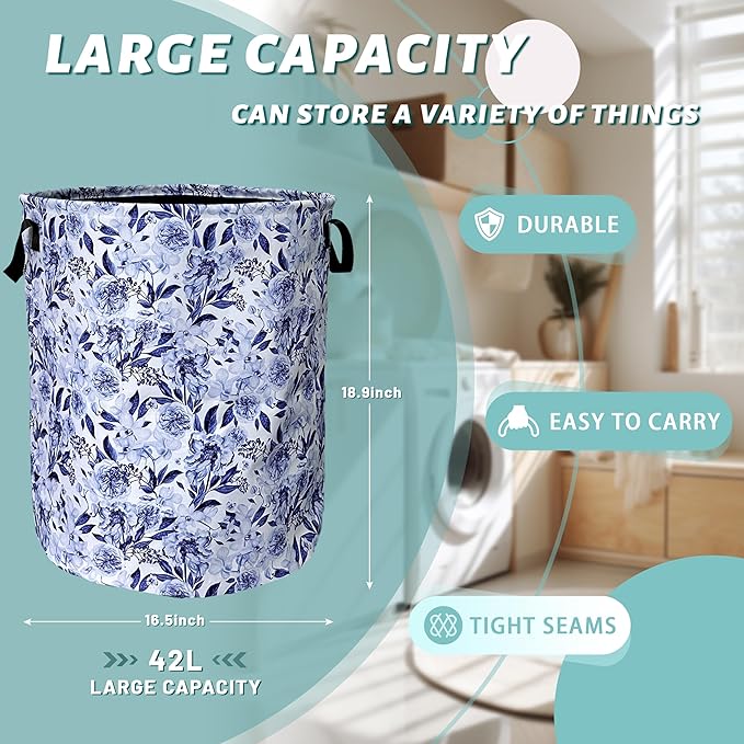 Blue Flower Floral Laundry Basket Foldable - Image 2