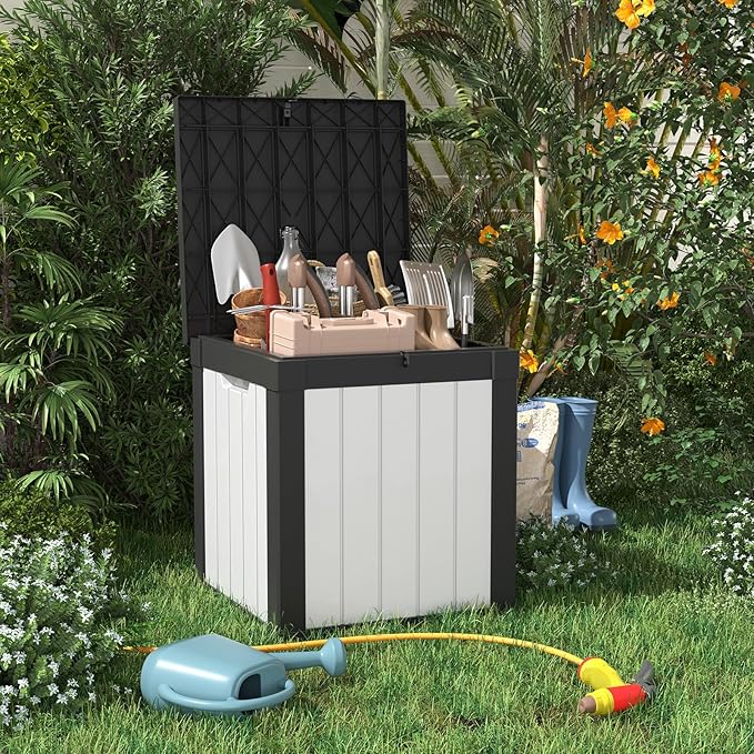 40 Gallon Resin Deck Box, Lockable Patio Outdoor Storage Box for Furniture, Garden Tools and Tools Storage, Waterproof Outside Storage Boxes - Black&White - Image 2