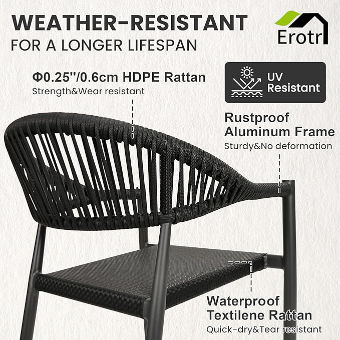 8 Pcs Stackable Patio Dining Chairs, Aluminum Rattan Outdoor Dining Chair with Arms, Woven Rope Garden Armchair Metal No Assembly for Bistro Balcony Porch Deck Yard Cafe Restaurant, Black - Image 4