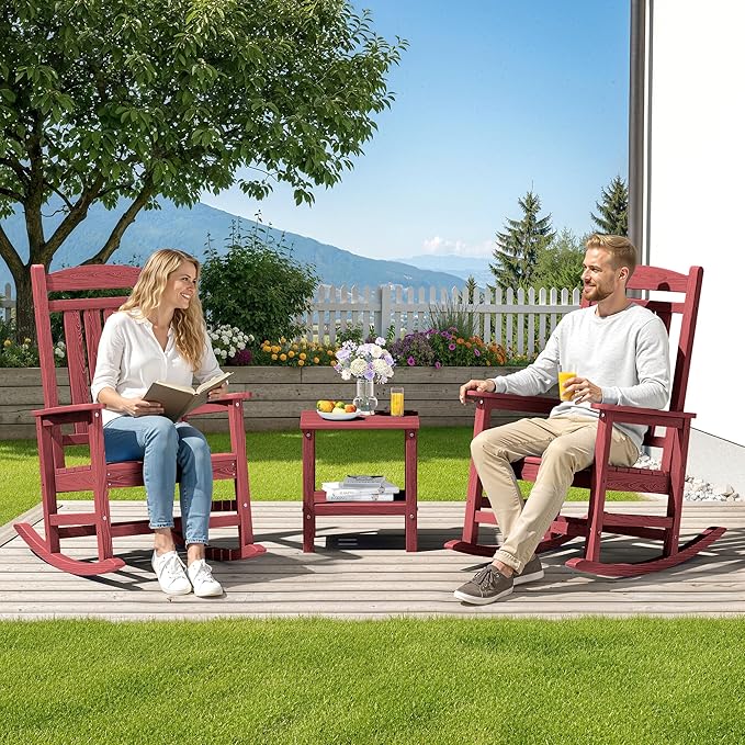 SERWALL Patio Rocking Chairs Set of 2, HDPE Outdoor Rockers for Adults, Oversized All-Weather Porch Rocking Chairs, Red - Image 2