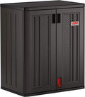 Suncast Heavy-Duty Resin Outdoor Storage Cabinet, 30" W x 20.25" D x 36" H Dark Grey Base Garage Storage Cabinet with Lockable Doors and Metal Reinforced Shelves, Made in The USA by SuncastCommercialProducts