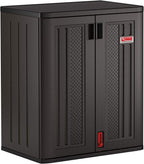 Suncast Heavy-Duty Resin Outdoor Storage Cabinet, 30" W x 20.25" D x 36" H Dark Grey Base Garage Storage Cabinet with Lockable Doors and Metal Reinforced Shelves, Made in The USA by SuncastCommercialProducts