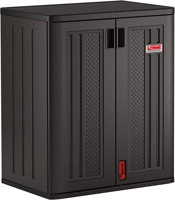 Suncast Heavy-Duty Resin Outdoor Storage Cabinet, 30" W x 20.25" D x 36" H Dark Grey Base Garage Storage Cabinet with Lockable Doors and Metal Reinforced Shelves, Made in The USA by SuncastCommercialProducts