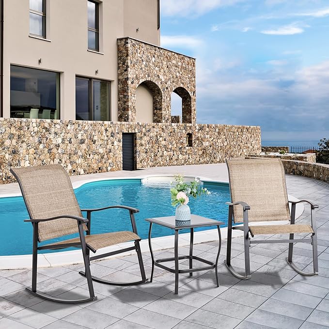 Vongrasig 3 Piece Outdoor Rocking Bistro Set, Textilene Fabric Small Patio Furniture Set, Front Porch Rocker Chairs Conversation Set with Glass Table for Lawn, Garden, Balcony, Poolside (Brown) - Image 2