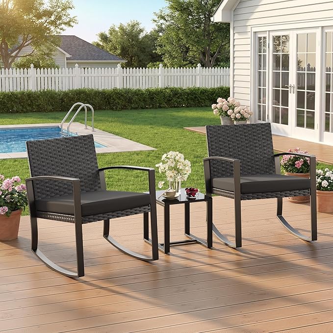 3 Pieces Patio Furniture Set Rocking Bistro Set, Outdoor Patio Furniture Set with Coffee Table for Garden Balcony Backyard Poolside (Black Cushion) - Image 6