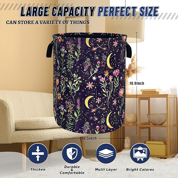 Moon Wild Flowers Laundry Basket Oxford Cloth Colorful Floral Laundry Hamper - Image 3