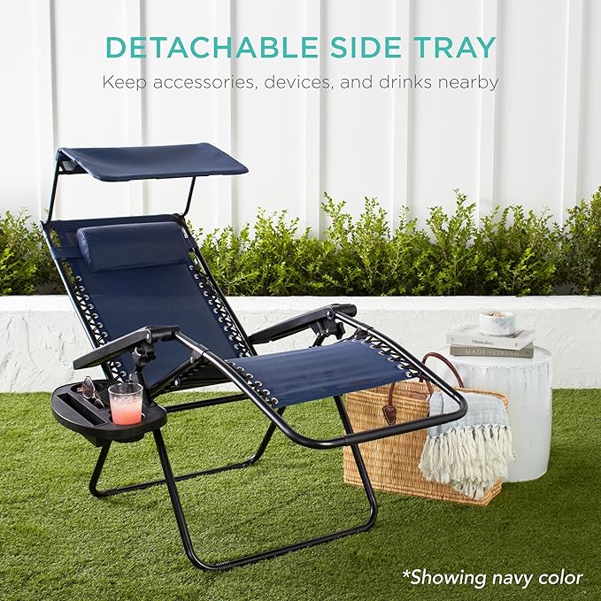 Best Choice Products Folding Zero Gravity Outdoor Recliner Patio Lounge Chair w/Adjustable Canopy Shade, Headrest, Side Accessory Tray, Textilene Mesh - Marine - Image 6