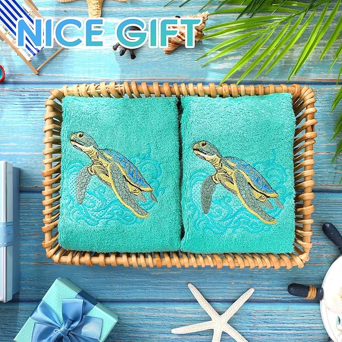 2 Pcs Sea Turtle Hand Towels Teal Bathroom Decor 14x29 Inch Embroidered 100% - Image 4