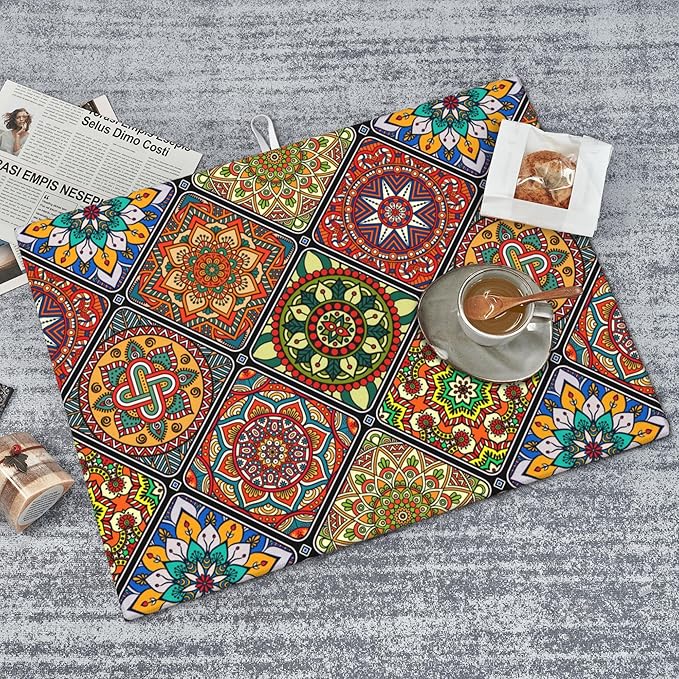 Retro Dish Drying Mat for Kitchen Counter Mandala Colorful Dish Drainer Rack - Image 3