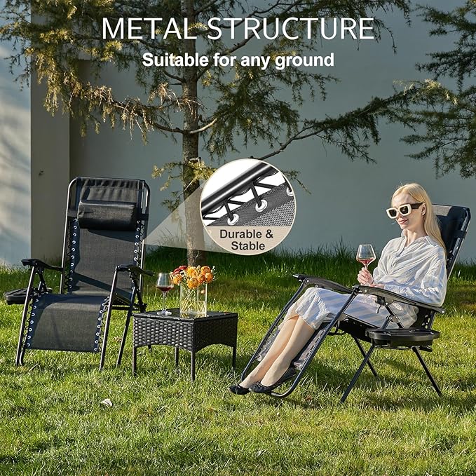 Sweetcrispy Zero Gravity Chairs, Set of 2 Portable Recliner Beach Camping Patio Outdoor Folding Lounge Chair with Cup Holder Trays and Adjustable Pillow for Poolside, Garden, Backyard, Lawn (Black) - Image 5