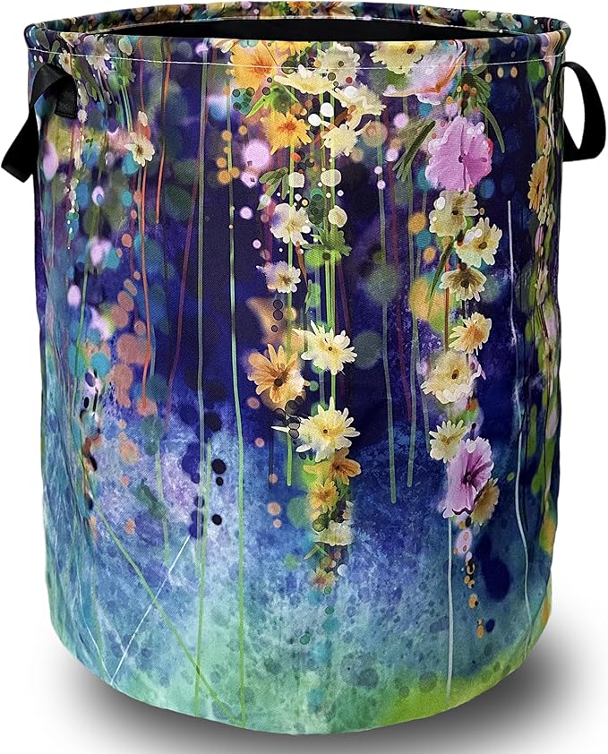 Beautiful Blue Green Floral Laundry Basket Foldable by SELIONLIKN