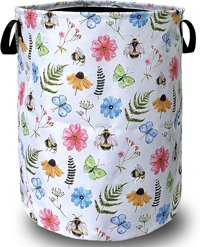 Cute Bee Floral Flowers Laundry Basket Foldable by SELIONLIKN
