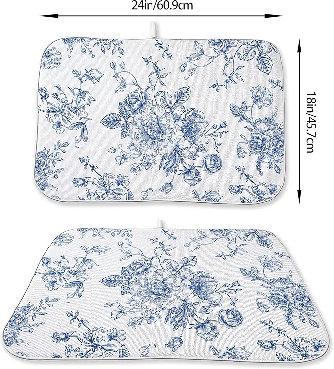 Blue Floral Dish Drying Mats 18x24 Inch Blue and White Chinoiserie Flower - Image 2