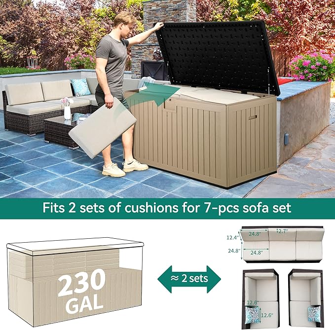 YITAHOME XXL 230 Gallon Large Deck Box,Outdoor Storage for Patio Furniture Cushions,Garden Tools and Pool Equipment with Flexible Divider,Waterproof,Lockable (Black&Brown) - Image 8