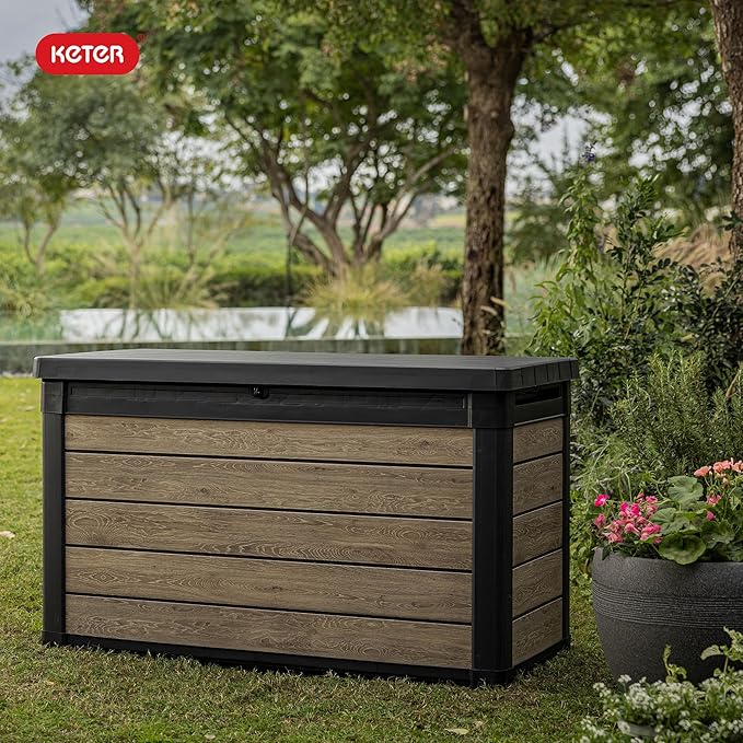 Keter Ashwood 100 Gallon Resin Deck Box Organization and Storage for Patio Furniture Outdoor Cushions, Throw Pillows, Garden Tools and Pool Toys, Brown - Image 10