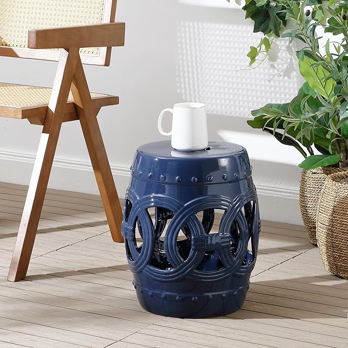 JONATHAN Y TBL1022B Lucky Coins 16" Chinese Ceramic Drum Indoor/Outdoor Garden Stool Bohemian, Coastal, Classic, Cottage, French Country, Traditional, Side Table, Plant Stand, Spill-Proof, Navy - Image 7
