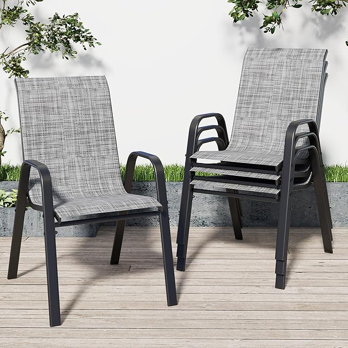 Patio Chairs Set of 4, Stackable Outdoor Dining Chairs for All Weather Textilene Fabric & Metal Frame, Outdoor Chairs Set for Backyard Deck Garden (Grey, Set of 4) by Vimstora