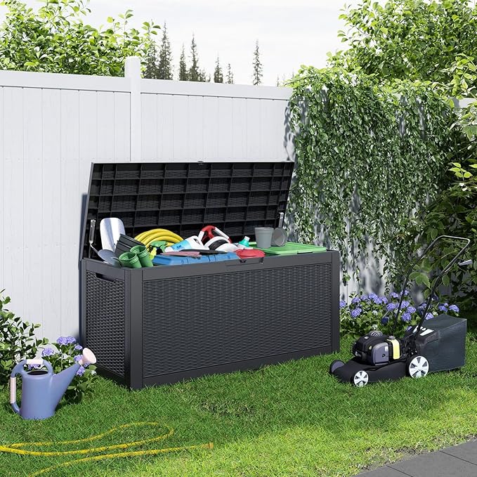 DRATO 100 Gallon Large Deck Box, Outdoor Storage Box for Patio Furniture, Patio Cushions, Gardening Tools, Pool Supplies,660lbs Weight Capacity,Waterproof Resin Storage Boxes（Black，100 Gallon） - Image 3