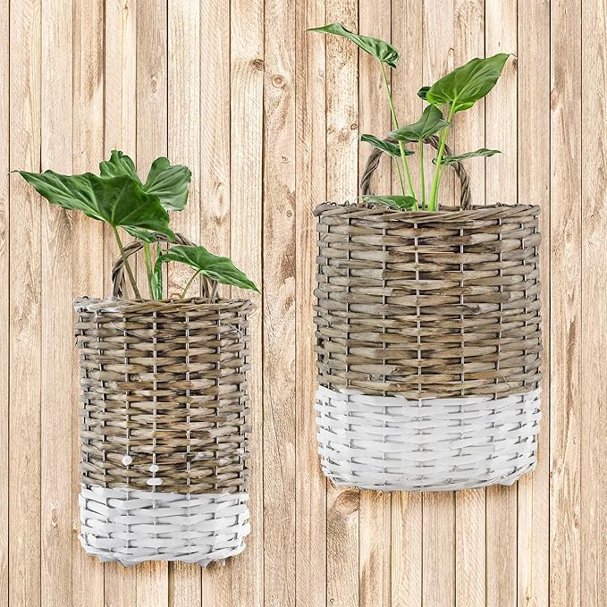 AuldHome Design Wall Hanging Baskets; Woven WIcker Rustic Farmhouse Two-Tone - Image 2