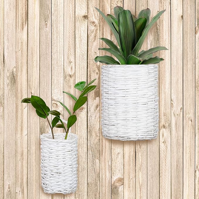 AuldHome Design Wall Hanging Baskets; Woven WIcker Rustic Farmhouse White - Image 2