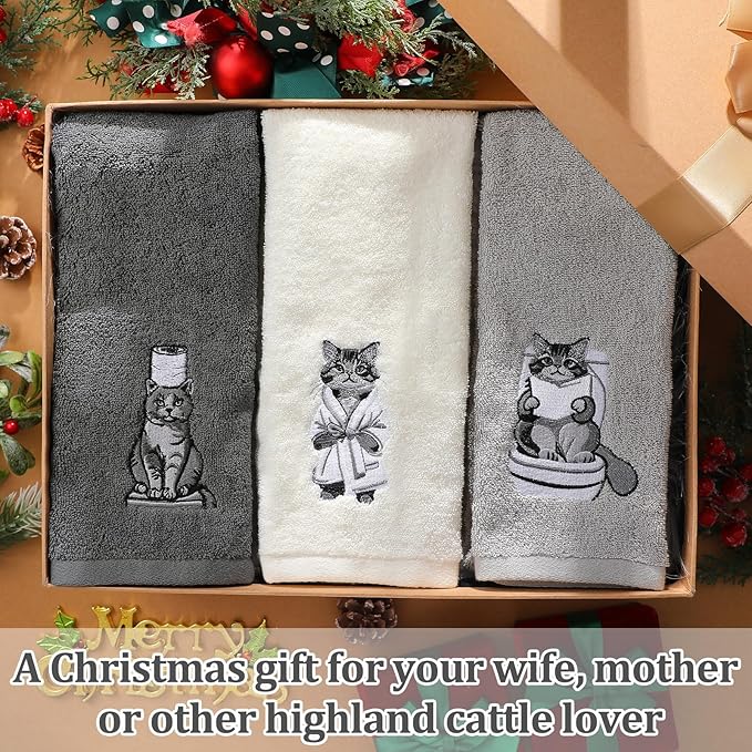 3 Pcs Cat Bathroom Hand Towels Set Cute Black Cat Embroidered Decorative Funny - Image 6