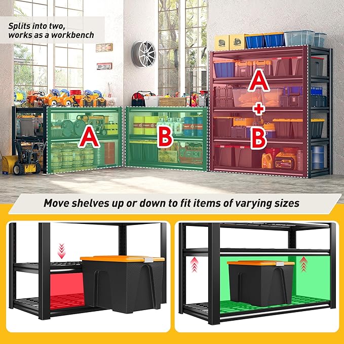 REIBII Garage Shelving 3200LBS, 5-Tier Storage Shelves, Adjustable Industrial Metal Shelving Unit for Garage, Basement, Pantry, Warehouse,Commercial, 36" W x 16" D x 72" H, 2 Pack - Image 6