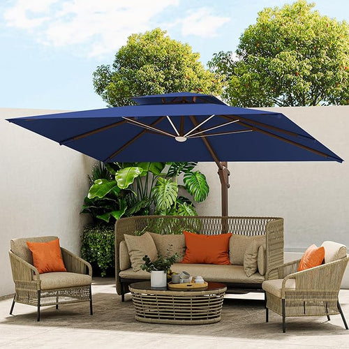 10 X 13 FT Cantilever Outdoor Patio Umbrella with Base Included Large Heavy Duty 360° Rotation Double Top Offset Rectangular Umbrellas with Led Lights for Backyard Outside Deck, NAVY by MEVBC