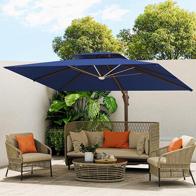10 X 13 FT Cantilever Outdoor Patio Umbrella with Led Lights Large Heavy Duty 360° Rotation Double Top Offset Rectangular Umbrellas for Backyard Garden Pool Outside Deck, Navy by MEVBC