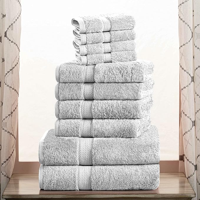Superior Egyptian Cotton Solid Towel Set, Washcloths 13” x 13”, Hand Towels 20” - Image 2