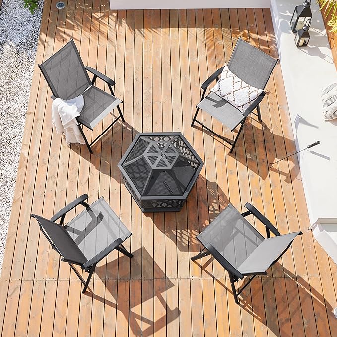 Yaheetech Patio Dining Chairs Set of 4 with Armrests, Outdoor Folding Chairs with Metal Frame and Backrest for Lawn, Garden, Yard and Poolside, Gray - Image 2