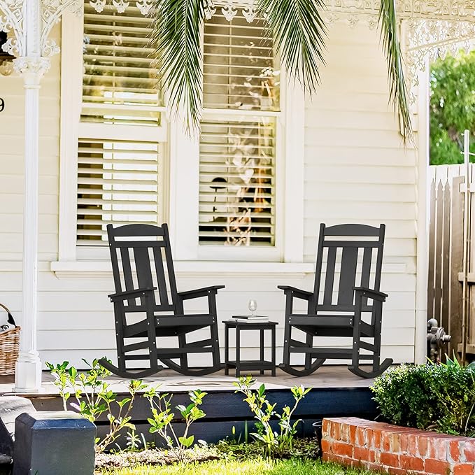 LUE BONA Rocking Chair Outdoor, Weather Resistant Poly Plastic Rocker Chairs, 350lb Heavy Duty, Oversized Porch for Adult, High Back Smooth Chairs Outdoor & Indoor, Black - Image 5