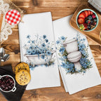 Blue Floral Hand Towels for Bathroom Set of 2, Flower Botanical Dish Tea - Image 3