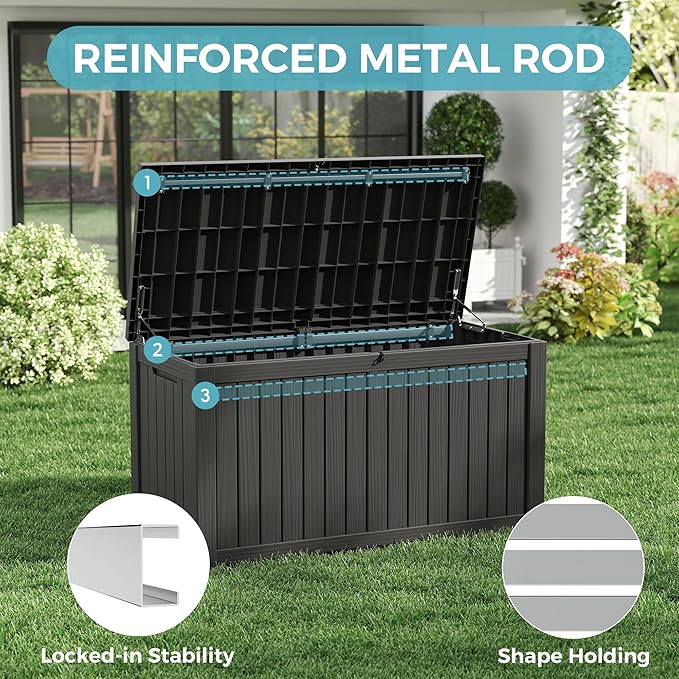 Outdoor Storage Box, Resin Deck Boxes Indoor and outdoor, Waterproof Storage Box Lockable Lid (Black, 160 Gallon) - Image 6
