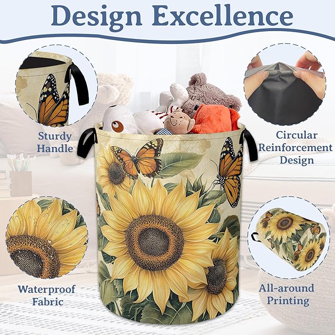 Vintage Sunflower Laundry Basket, Foldable Oxford Cloth Butterfly Laundry Hamper - Image 4