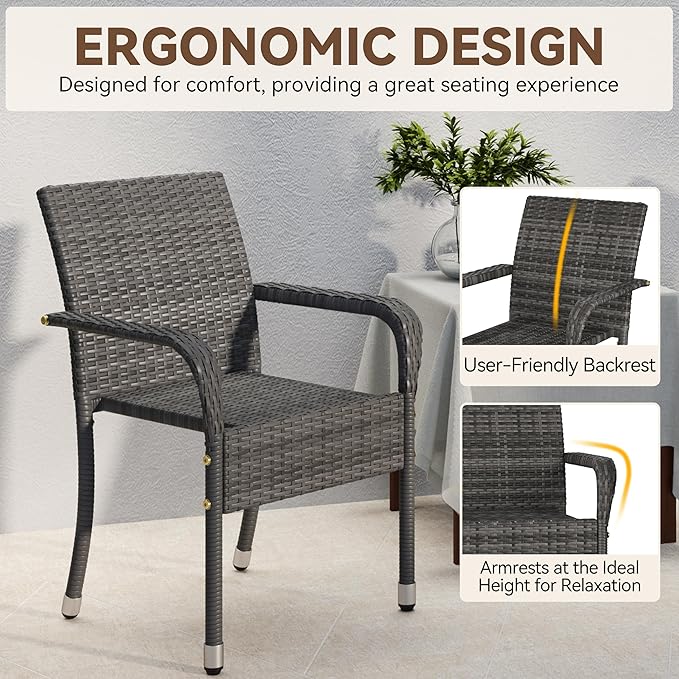 Yaheetech Set of 6 Stackable Outdoor Rattan Dining Chairs, All-Weather Armchair w/Armrests, Steel Frame for Garden, Patio, Deck, Yard, Poolside Gray - Image 4