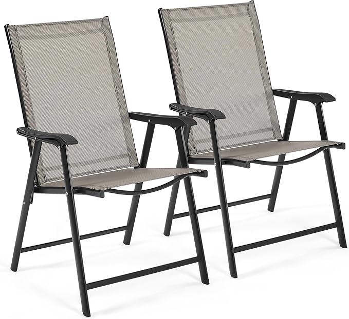 Yaheetech Patio Dining Chairs Set of 2, Portable Dining Chairs with Armrests for Camping, Lawn and Beach, Folding Patio Chairs 2-Pack of Metal Frame, Brown by Yaheetech