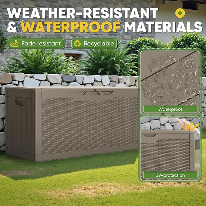 Greesum Outdoor Storage Box 100 Gallon Storage Bin with Lid for Patio Furniture, Garden Tools, Pool Supplies, Lockable, Waterproof and UV Resistant, Light Coffee - Image 7