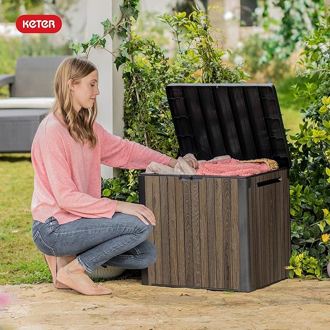 Keter Signature Everwood 30 Gallon Resin Deck Box for Outdoor Storage – Weather‑Resistant Balcony & Patio Box for Cushions, Throw Pillows & Garden Tools, Walnut - Image 9