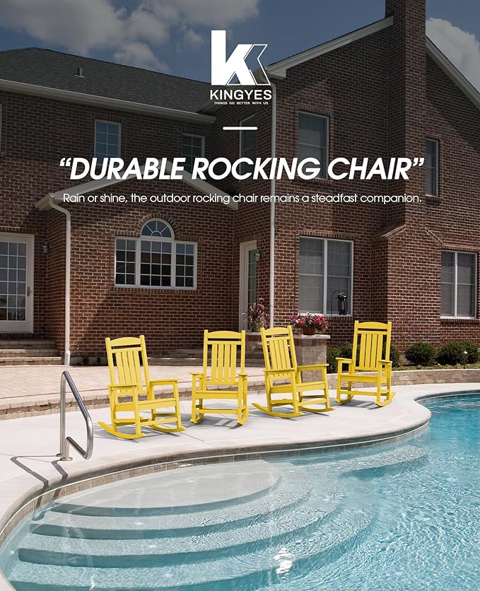 KINGYES HDPE Rocking Chairs Outdoor, Patio Rocking Chairs with 330lbs Support, Smooth Porch Rocker for Deck Lawn Yard, Yellow - Image 9
