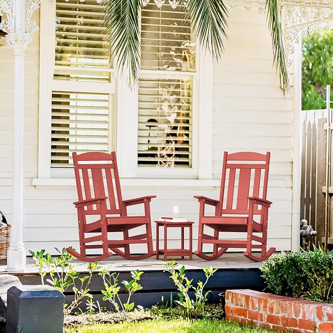 LUE BONA Outdoor Rocking Chairs Set of 2, HDPS Porch Rocker with High Back, Plastic Weather Resistant Rocking Chairs for Outdoor Indoor, Garden, Backyard, 350lb, Bright Red - Image 5