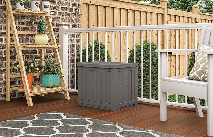 Suncast 22-Gallon Small Deck Box - Lightweight Resin Indoor/Outdoor Storage Container and Seat for Patio Cushions and Gardening Tools - Store Items on Patio, Garage, Yard - Stone Gray, Made in the USA - Image 12