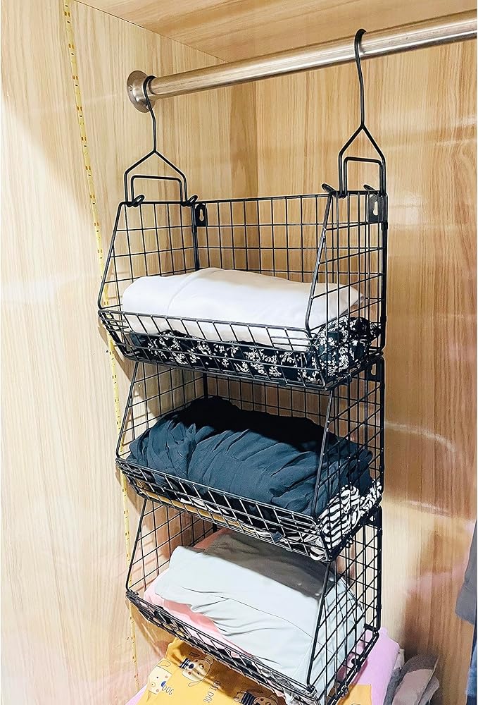 3 Tier Hanging Foldable Wire Baskets Closet Organizer Clothes Shelves - Image 2