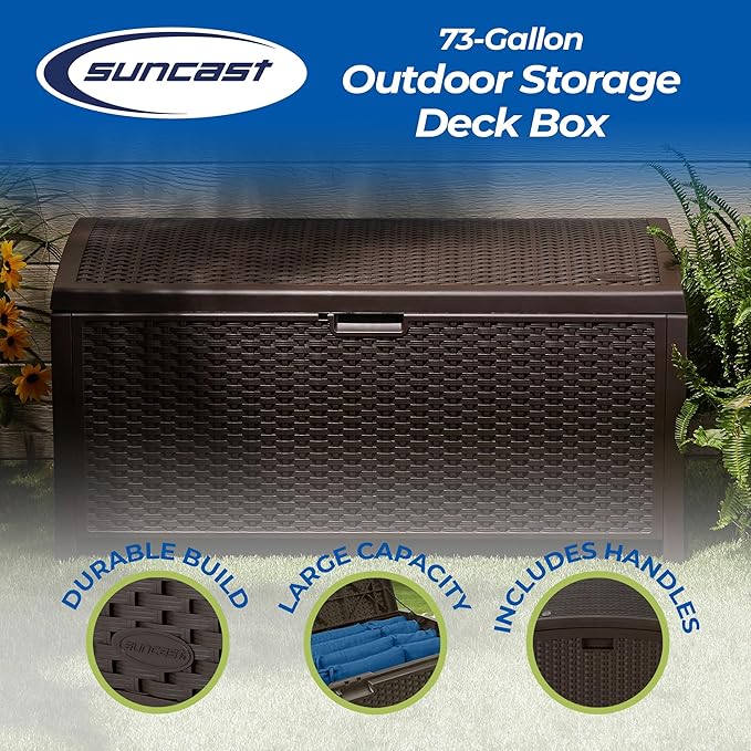 Suncast Outdoor Storage Box - 73 Gallon Mocha Brown Deck Box for Patio, Waterproof Outdoor Storage Bench, Resin Wicker Style, Heavy-Duty, Lockable Lid for Cushions, Shoes, Pool & Garden Gear - Image 2