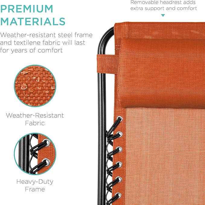 Best Choice Products Set of 2 Adjustable Steel Mesh Zero Gravity Lounge Chair Recliners w/Pillows and Cup Holder Trays - Burnt Orange - Image 7