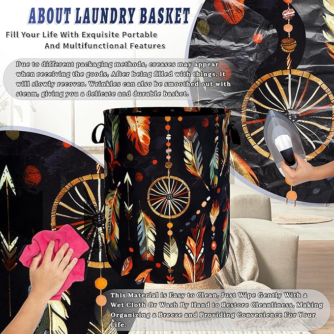 Boho Feather Printed Laundry Basket Foldable Oxford Cloth Colorful Laundry - Image 8