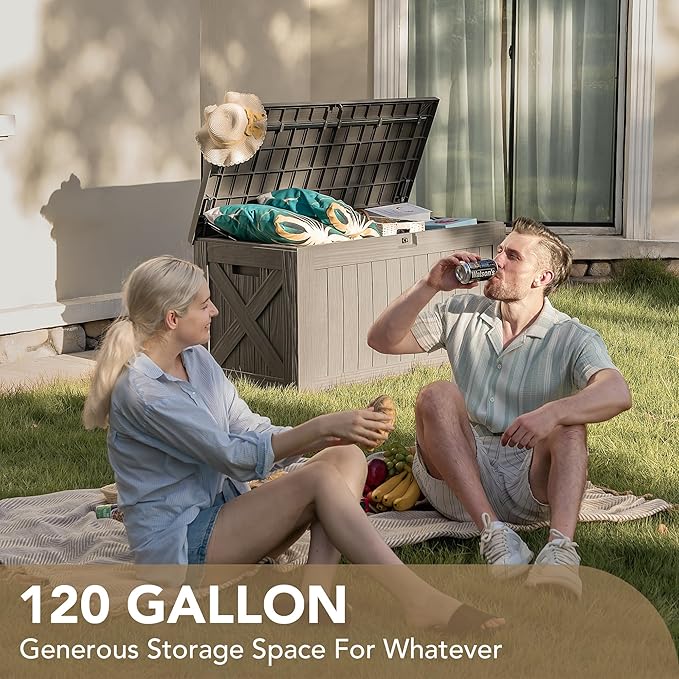 Devoko 120 Gallon Deck Box Resin Outdoor Storage Box Waterproof for Patio, Large Outdoor Storage Bench Lockable for Outside (Brown) - Image 5